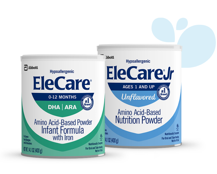 Cans of EleCare Infant Formula and Unflavored EleCare Jr Nutrition Powder.