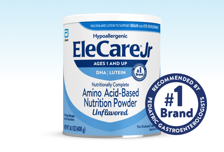 Can of EleCare Jr Amino Acid-Based Nutrition Powder.