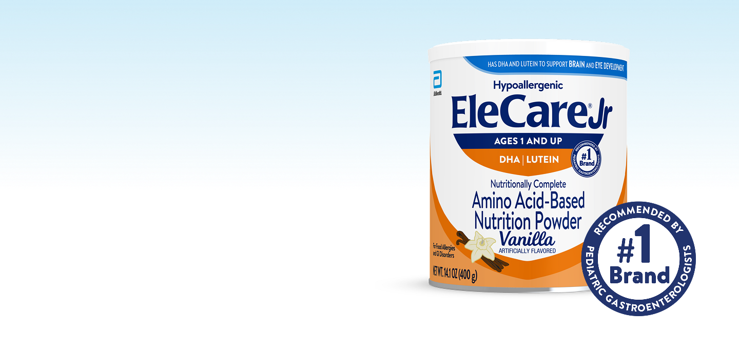 Can of EleCare Jr Amino Acid-Based Nutrition Powder.