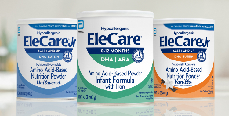 Cans of Unflavored EleCare Jr Nutrition Powder, EleCare Infant Formula, and Vanilla EleCare Jr Nutrition Powder.