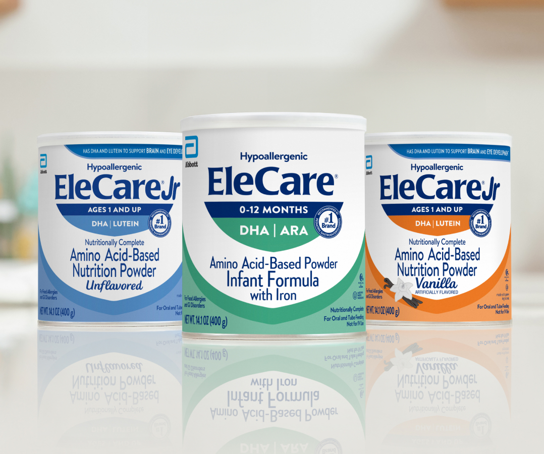 Cans of Unflavored EleCare Jr Nutrition Powder, EleCare Infant Formula, and Vanilla EleCare Jr Nutrition Powder.