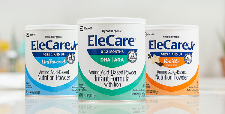 Cans of Unflavored EleCare Jr Nutrition Powder, EleCare Infant Formula, and Vanilla EleCare Jr Nutrition Powder.