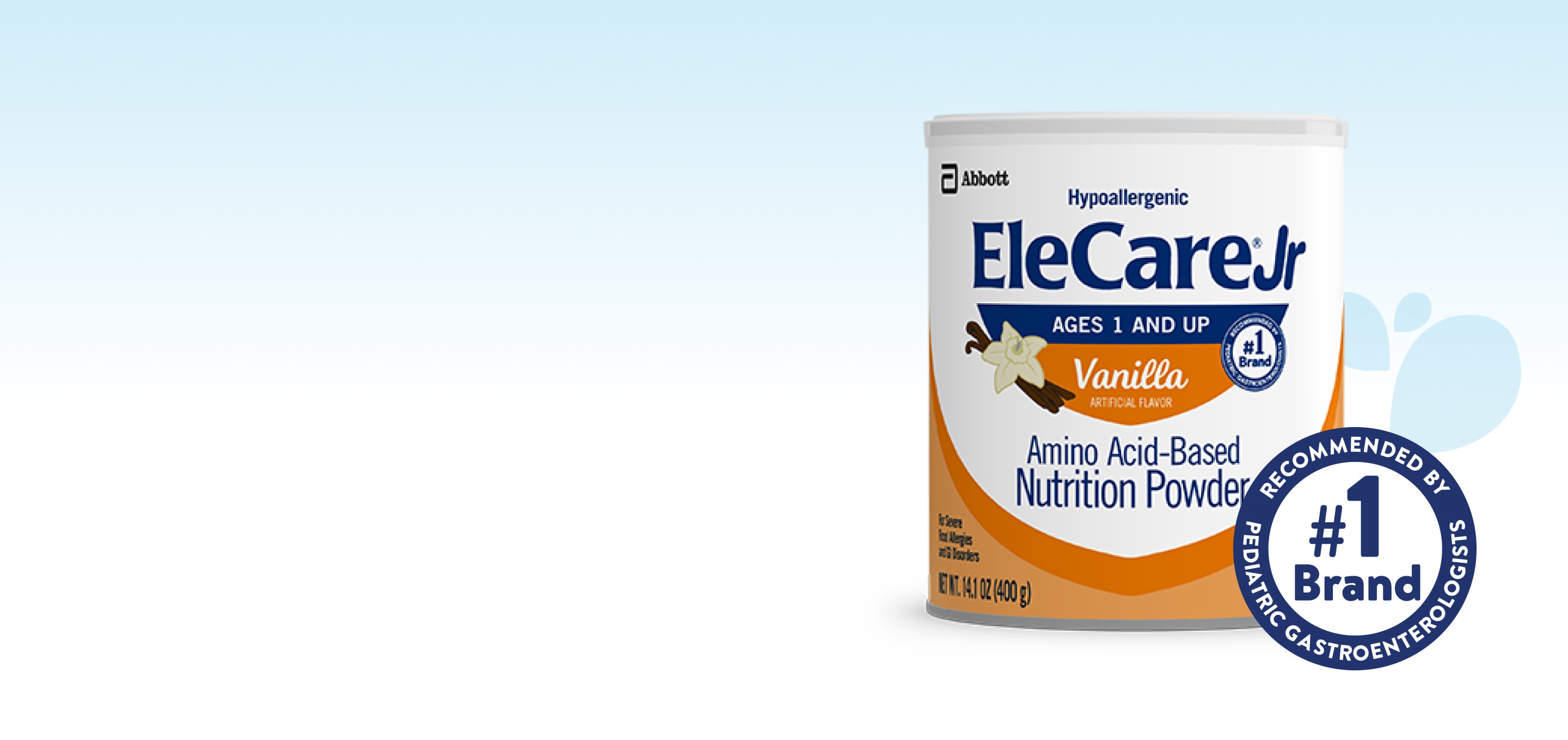 Can of Vanilla EleCare Jr Amino Acid-Based Nutrition Powder.