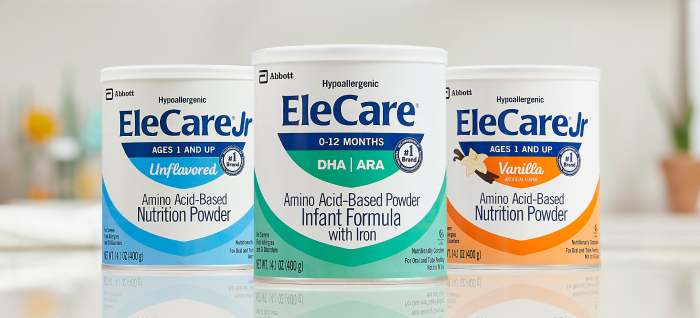 Cans of Unflavored EleCare Jr Nutrition Powder, EleCare Infant Formula, and Vanilla EleCare Jr Nutrition Powder.